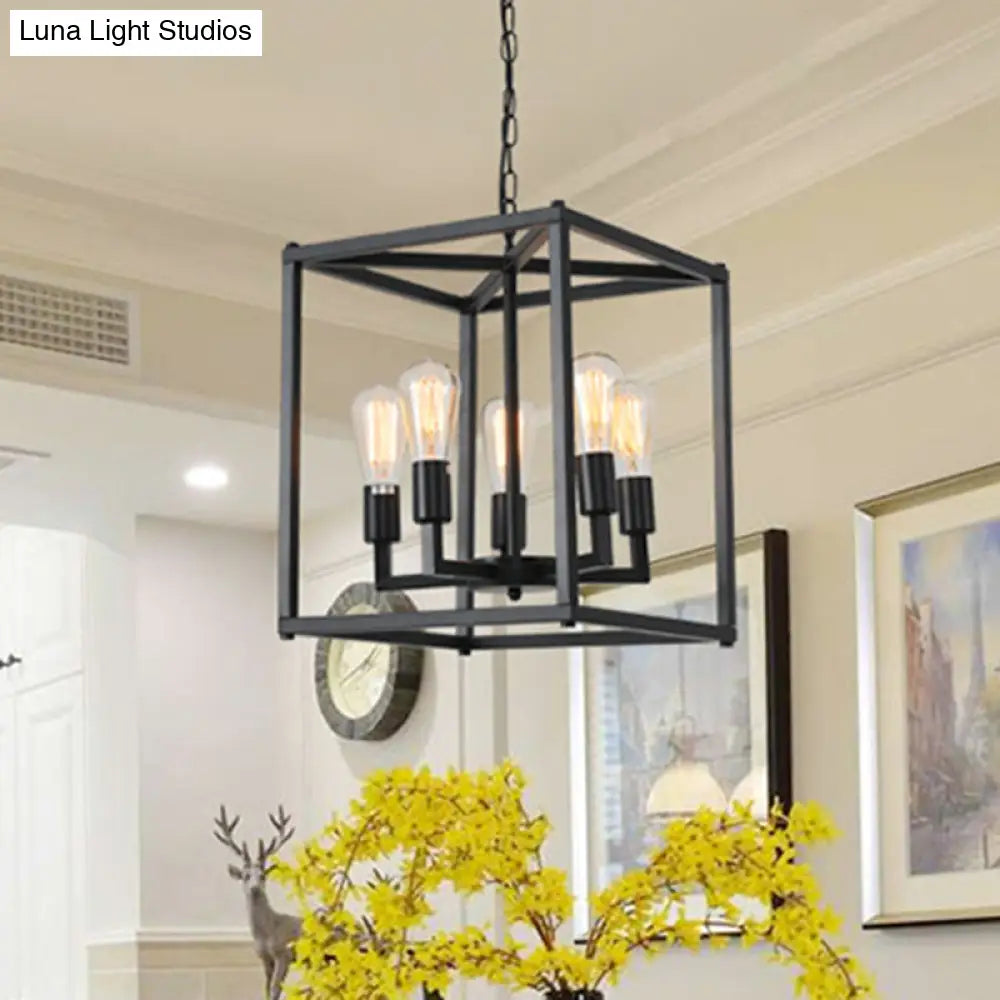 Black Industrial Retro Metal Diner Pendant Chandelier - Square Cage Hanging Lamp