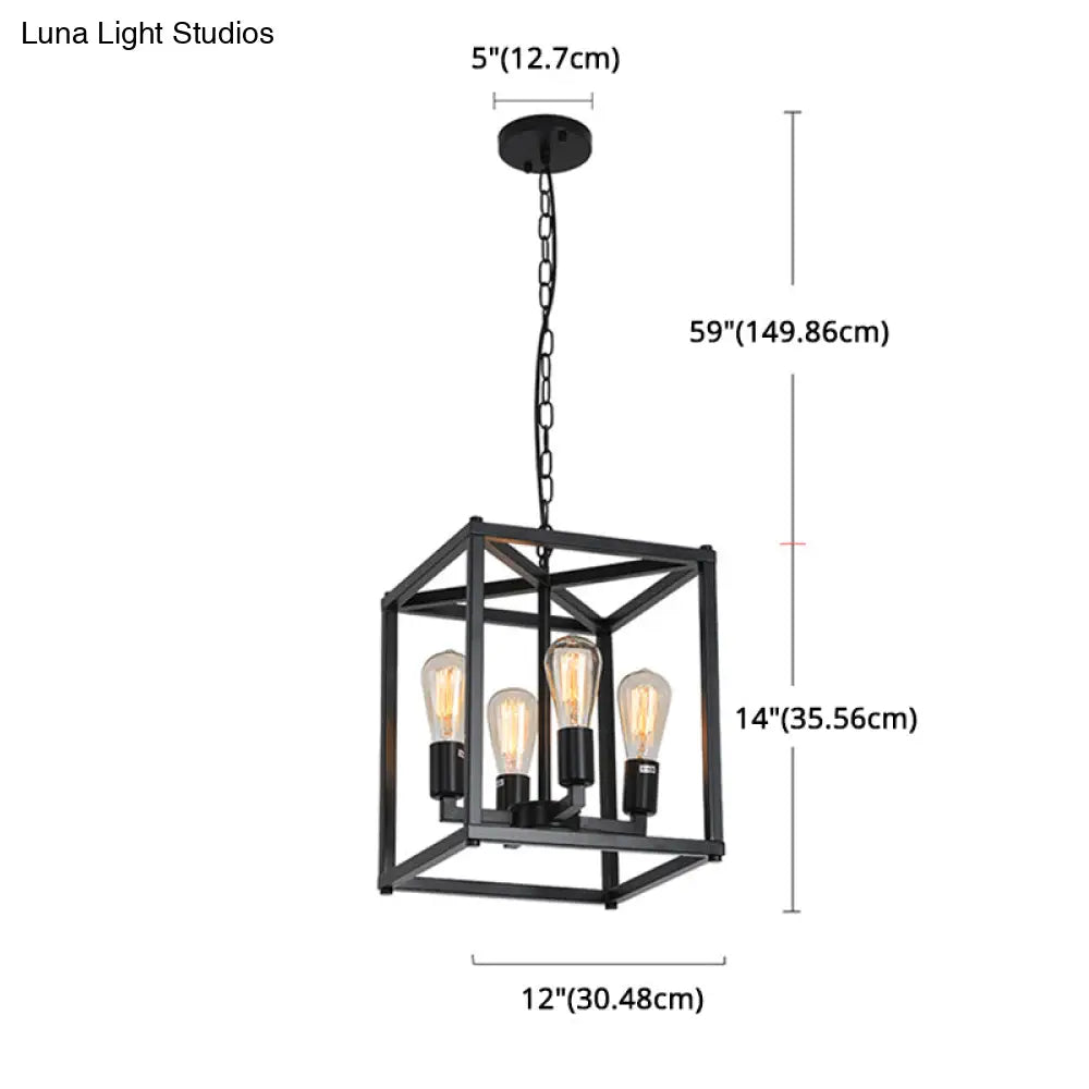 Black Industrial Retro Metal Diner Pendant Chandelier - Square Cage Hanging Lamp