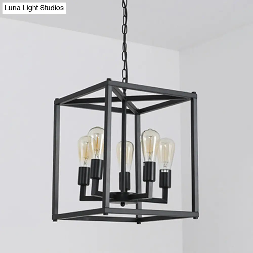 Black Industrial Retro Metal Diner Pendant Chandelier - Square Cage Hanging Lamp