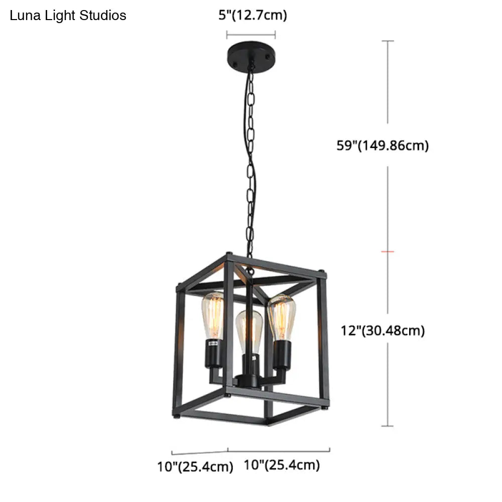 Black Industrial Retro Metal Diner Pendant Chandelier - Square Cage Hanging Lamp