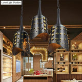 Black Iron Cone Pendant Light Set With 3 Hanging Ceiling Fixtures And Ruffle Edge For Kitchen