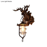Black Iron Wire Cage Sconce With Deer Head Backplate - Countryside 1 Light Wall Lighting For Living