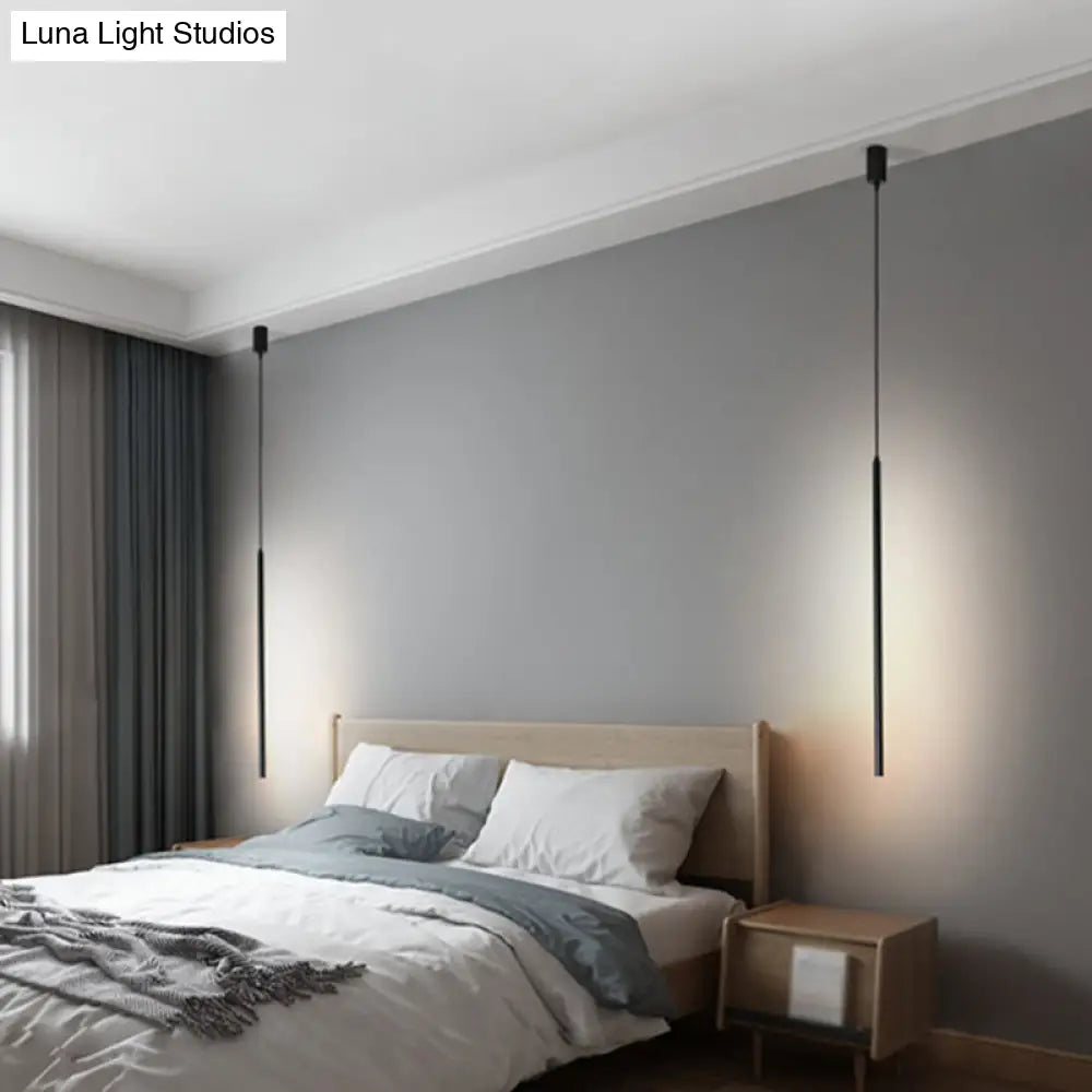 Black Led Stick Pendant: Bedroom Linear Suspension Lighting With Minimalist Metal Design