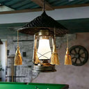 Black Lodge Style Glass Hanging Lantern For Balcony With Hat Design