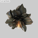 Black Magnolia Shape Flush Mount Ceiling Fixture - Rural Metallic Design 1 Head