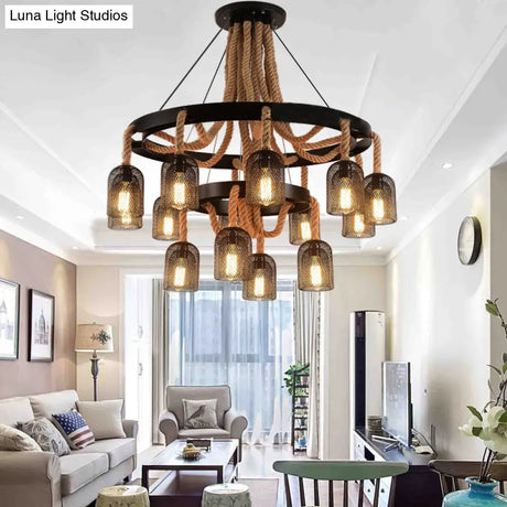 Black Mesh Shade 4-Light Ring Hanging Chandelier With Rope Detail - Industrial Foyer Lamp
