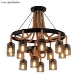 Black Mesh Shade 4-Light Ring Hanging Chandelier With Rope Detail - Industrial Foyer Lamp