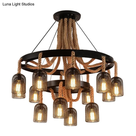 Black Mesh Shade 4-Light Ring Hanging Chandelier With Rope Detail - Industrial Foyer Lamp