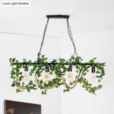 Black Metal 4-Light Linear Island Lamp With Hanging Artificial Plant - Lodge Style