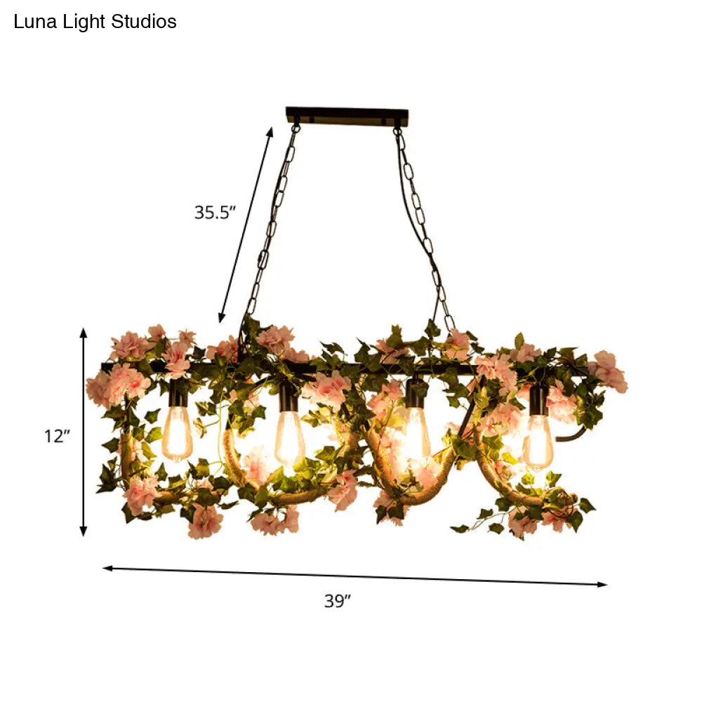 Black Metal 4-Light Linear Island Lamp With Hanging Artificial Plant - Lodge Style