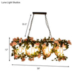 Black Metal 4-Light Linear Island Lamp With Hanging Artificial Plant - Lodge Style