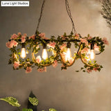 Black Metal 4-Light Linear Island Lamp With Hanging Artificial Plant - Lodge Style