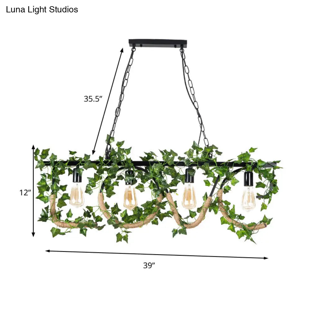 Black Metal 4-Light Linear Island Lamp With Hanging Artificial Plant - Lodge Style