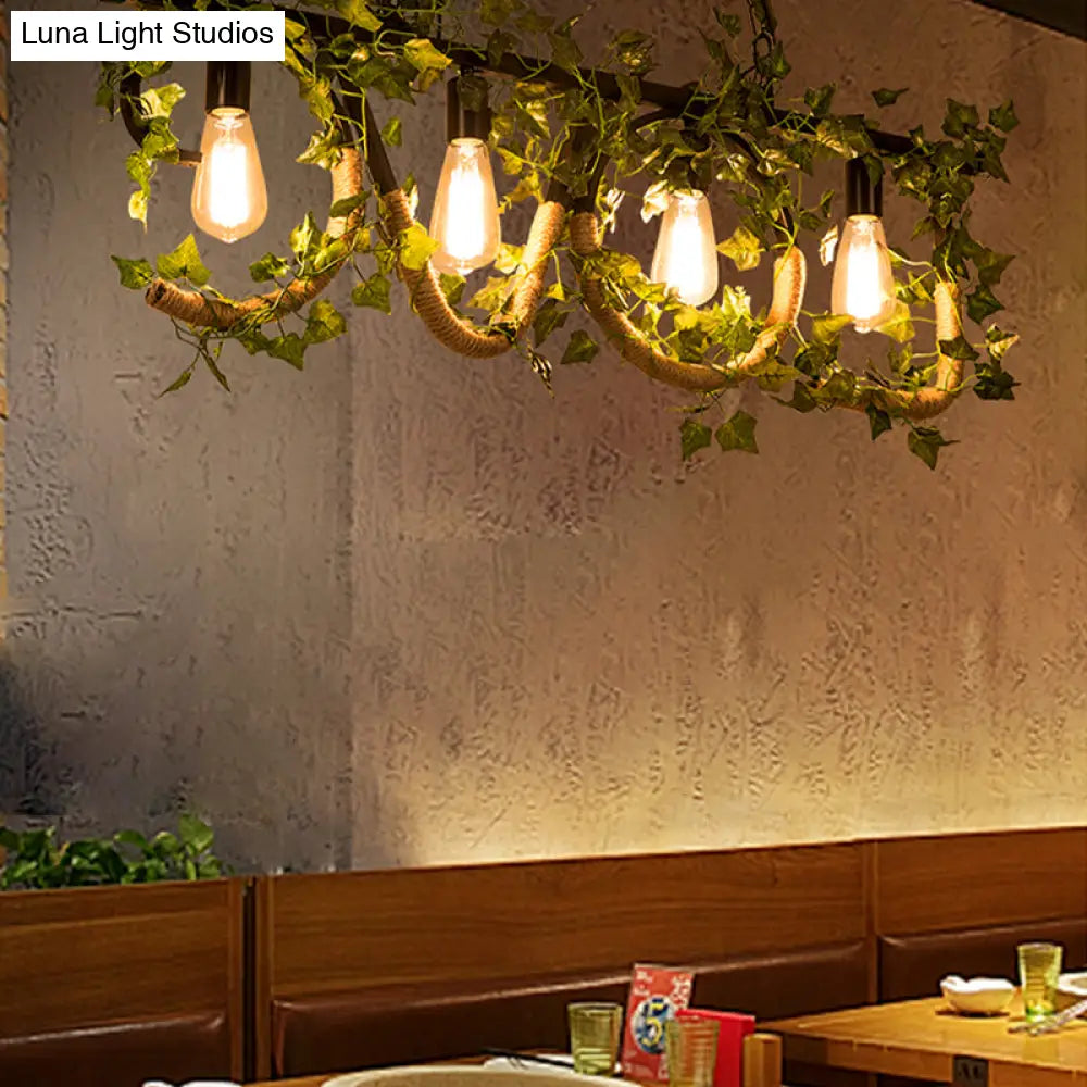 Black Metal 4-Light Linear Island Lamp With Hanging Artificial Plant - Lodge Style