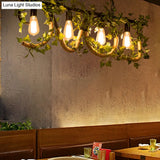 Black Metal 4-Light Linear Island Lamp With Hanging Artificial Plant - Lodge Style