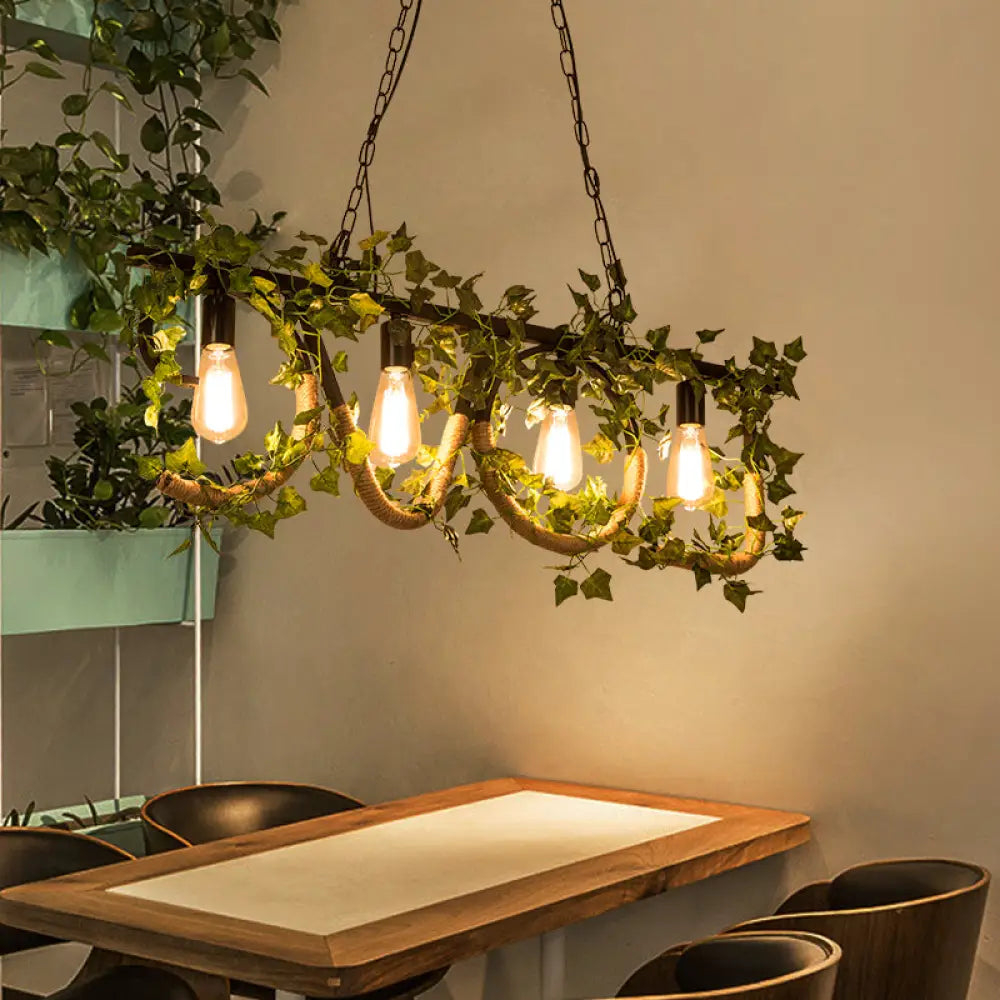 Black Metal 4-Light Linear Island Lamp With Hanging Artificial Plant - Lodge Style / Leaf
