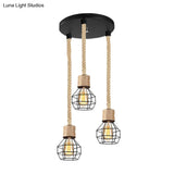 Black Metal Globe Cage Ceiling Light With Adjustable Rope - Lodge Indoor Hanging Lamp (3/5 Heads)