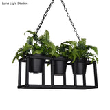 Black Metal Industrial Rectangle Island Light Fixture - 2/3/5 Bulbs Led Lamp With Plant Decor