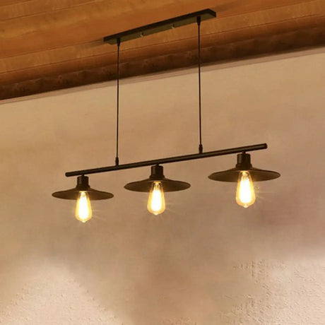 Black Metal Island Lamp: 3-Light Conical Chandelier For Restaurants And Warehouses