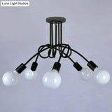 Black Metal Knot Chandelier With Bare Bulb Design - Industrial Living Room Lamp