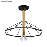 Black Metal Led Cage Flared Pendant Light With Crystal Shade - Loft Style Semi Flush