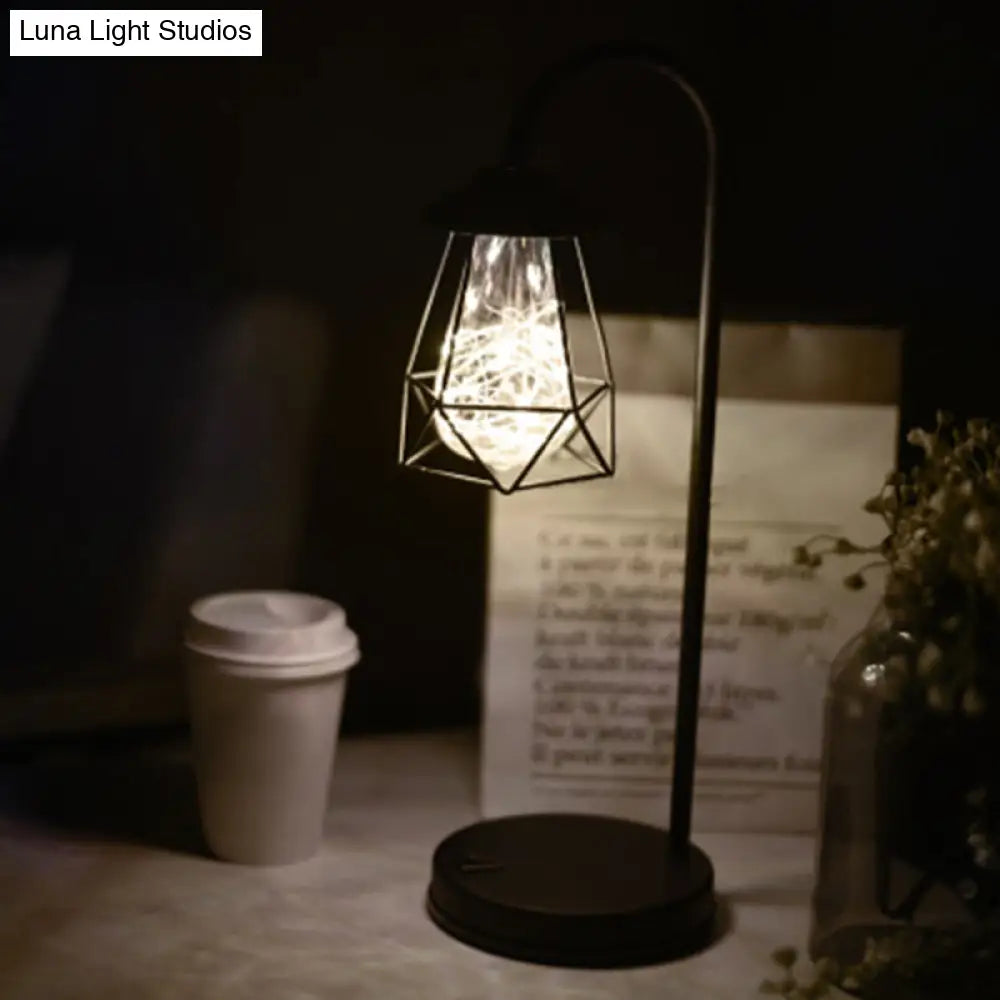 Black Metal Led Gooseneck Table Lamp With Retro Style Wire Cage