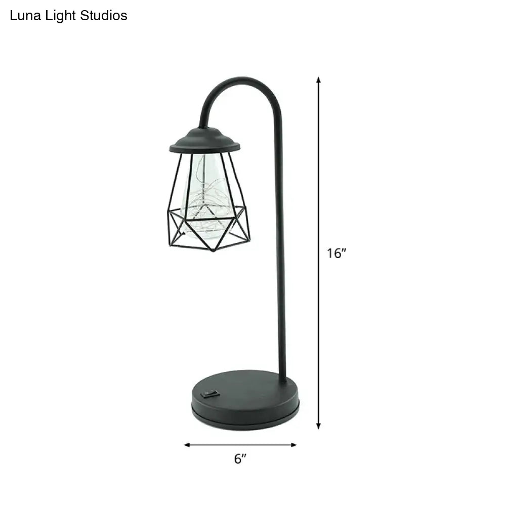 Black Metal Led Gooseneck Table Lamp With Retro Style Wire Cage