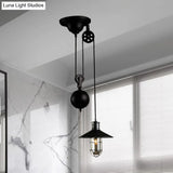 Black Metal Nautical Pulley Pendant Light With Cage Shade - 1-Light Kitchen Hanging Lamp