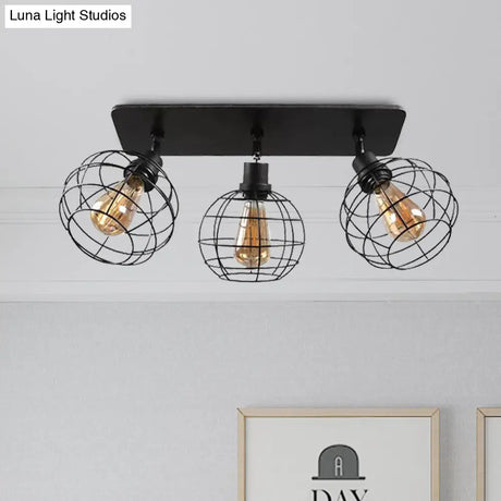 Black Metal Rotatable Ceiling Light Fixture For Restaurant - Industrial Semi Flush Mount Cage