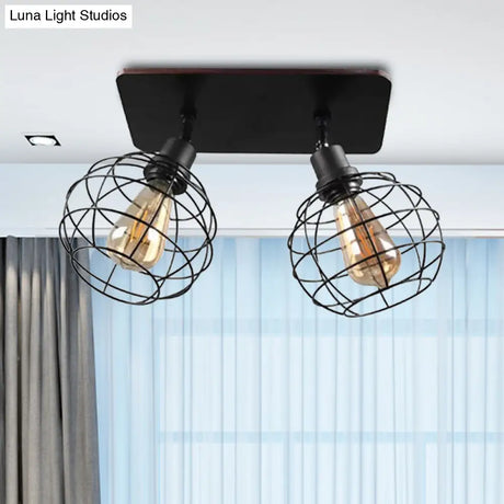 Black Metal Rotatable Ceiling Light Fixture For Restaurant - Industrial Semi Flush Mount Cage