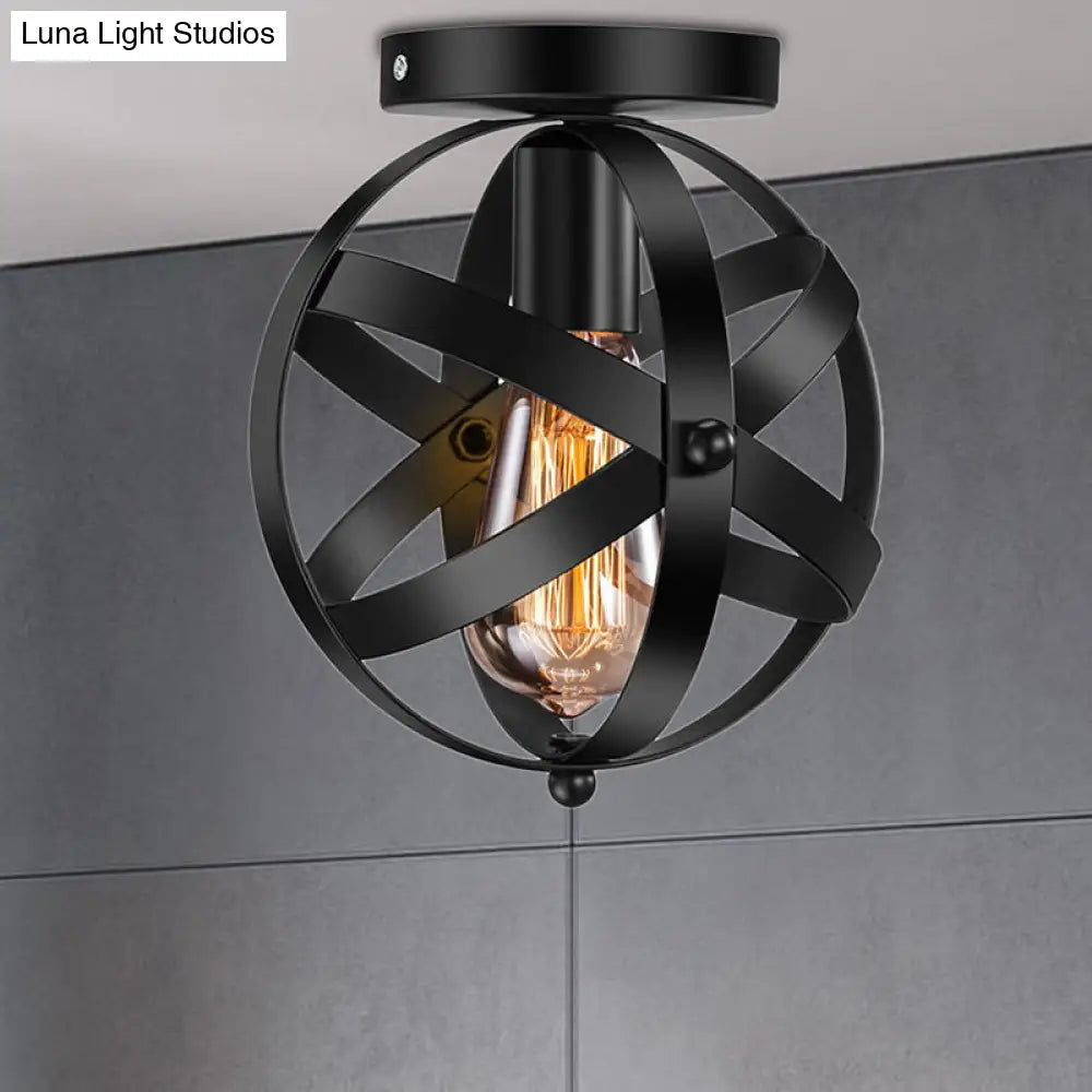 Black Metal Semi Flush Mount Ceiling Light With Single Bulb & Industrial Strap Globe