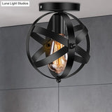 Black Metal Semi Flush Mount Ceiling Light With Single Bulb & Industrial Strap Globe