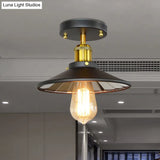 Black Metal Wide Flare Semi Flush Industrial Ceiling Lamp - 1 - Light For Study Room