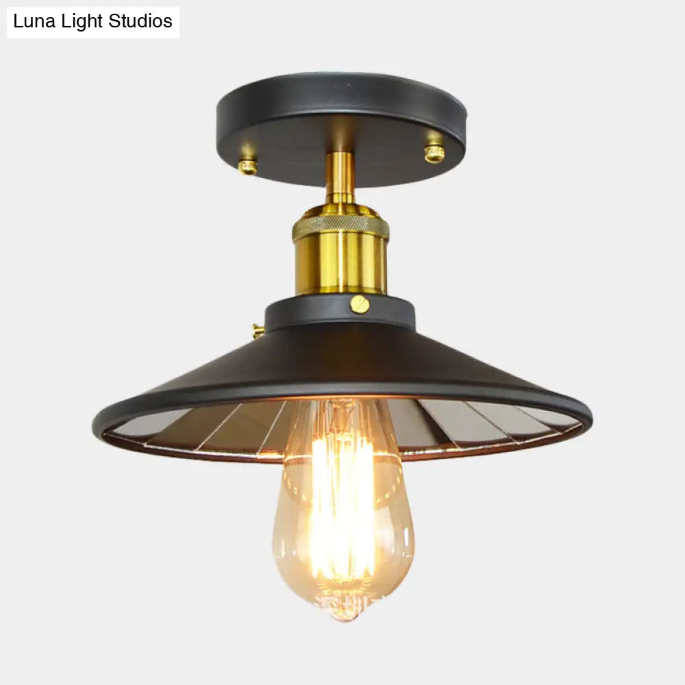 Black Metal Wide Flare Semi Flush Industrial Ceiling Lamp - 1 - Light For Study Room