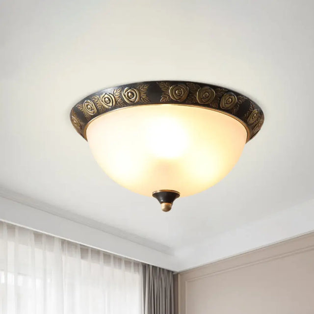 Black Milk Glass Ceiling Lamp With Leaf/Flower Trim - Traditional 3-Head Flush Mount / Flower