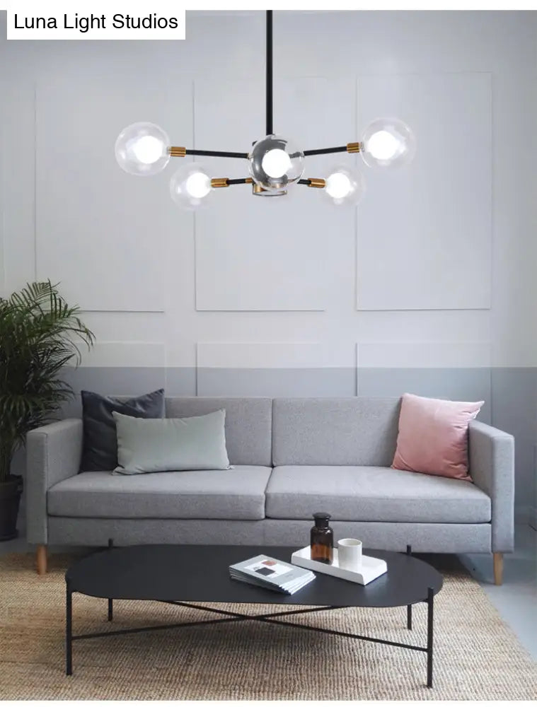 Black Modern Metal Radial Chandelier With Spherical Clear Glass Shade
