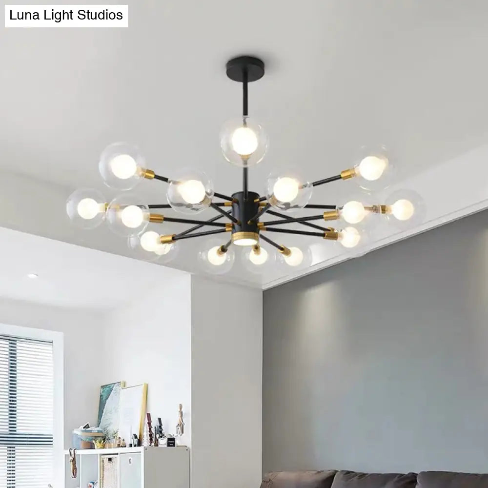Black Modern Metal Radial Chandelier With Spherical Clear Glass Shade