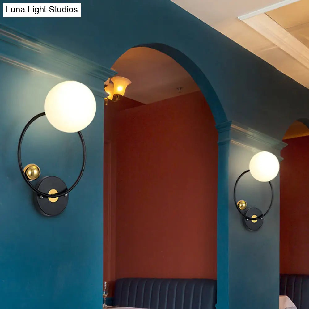 Black Modernist Wall Sconce Light With Opal Glass Shade