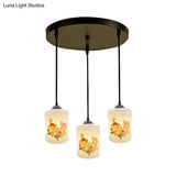 Black Multi Pendant Lamp - White Printing Glass 3-Light Dining Room Suspension Light With