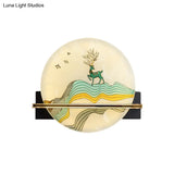 Black Oriental Style Led Wall Lamp With Elk Deer/Fish Pattern - Acrylic Surface Rounded Design