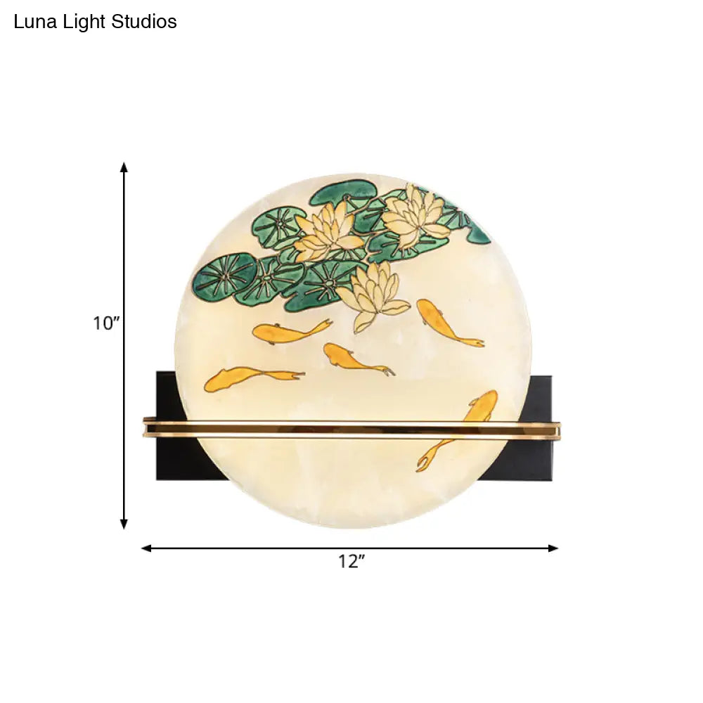 Black Oriental Style Led Wall Lamp With Elk Deer/Fish Pattern - Acrylic Surface Rounded Design