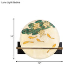 Black Oriental Style Led Wall Lamp With Elk Deer/Fish Pattern - Acrylic Surface Rounded Design