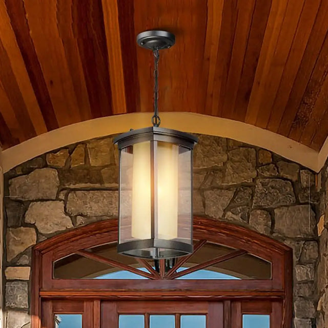Black Outdoor Pendant Light With Double Glass Shade - Industrial Rectangle Design For Courtyard