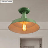 Black/Red Industrial Style Semi Flush Ceiling Light Fixture For Corridor - Metallic Barn Shade