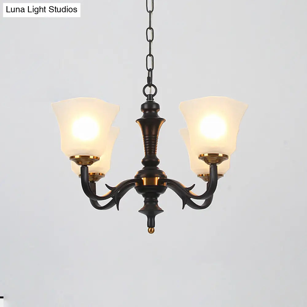 Black Retro Bedroom Chandelier Pendant Light With Frosted Glass Shades - 3/4/6 Bulbs