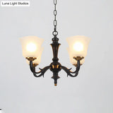 Black Retro Bedroom Chandelier Pendant Light With Frosted Glass Shades - 3/4/6 Bulbs