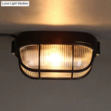 Black Ribbed Glass Ceiling Lamp With Wire Cage - Half - Capsule Mini Flush Light For Farmhouse 1