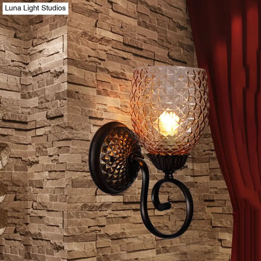 Black Ribbed Glass Tulip Wall Sconce - Traditional 1-Light Fixture For Living Room