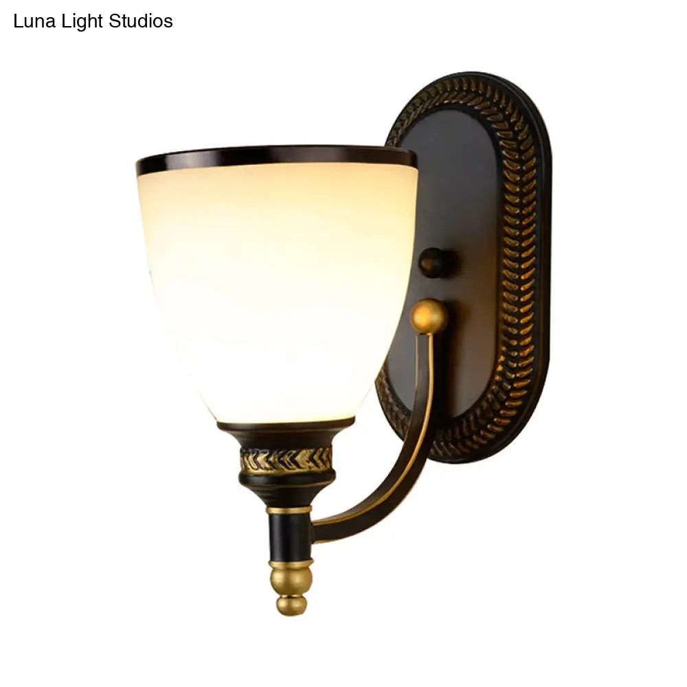 Black Rustic Wall Lamp With Bell-Shaped White Frost Glass Ideal For Living Room Lighting
