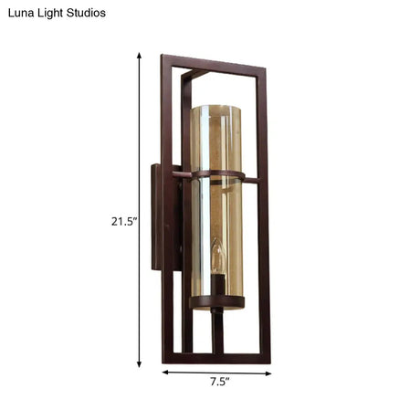 Black Sconce Light Fixture With Amber Glass And Metal Frame - 1-Light Farmhouse Wall Mounted